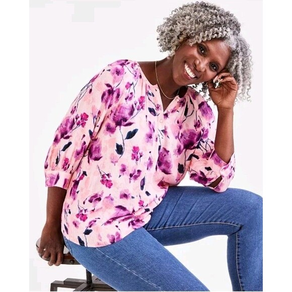 Lot of 2 Style Co Plus Sz 2X Floral-Print Blue White/Pink Multi 3/4 Sleeves Top - Picture 6 of 7